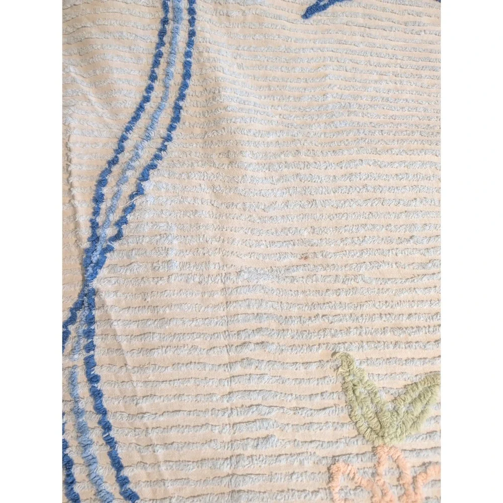 Vintage Chenille Bedspread Blue Bows Pastel Floral Tufted Cotton Cottagecore